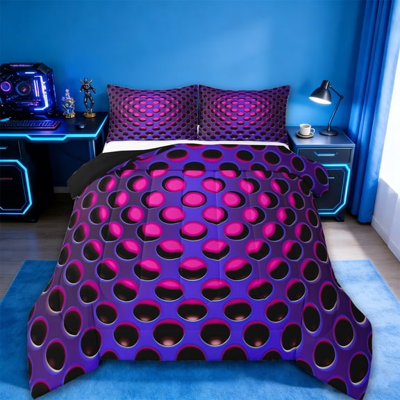 Manfei Neon Dense Holes Bedding Comforter Set,Geometric Geometric Hexagon Twin Comforter Sets,Purple Pink Bedding Set,Breathable Bedroom Decoration Reversible,2-Piece