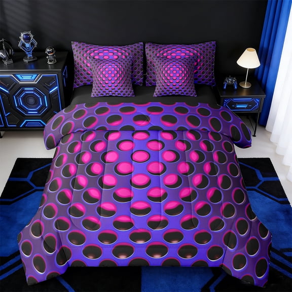 Manfei Neon Dense Holes Twin Bedding Sets 7-Piece,Geometric Geometric Hexagon Bedding Comforter Set 7-Piece,Purple Pink Sheet Sets,Breathable Bedroom Decoration Reversible