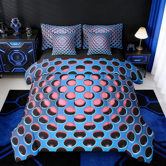 Manfei Neon Dense Holes Twin Bedding Sets 7 Pieces,Geometric Geometric Hexagon Bedding Comforter Set 7 Pieces,Pink Blue Sheet Sets,Breathable Bedroom Decoration Reversible