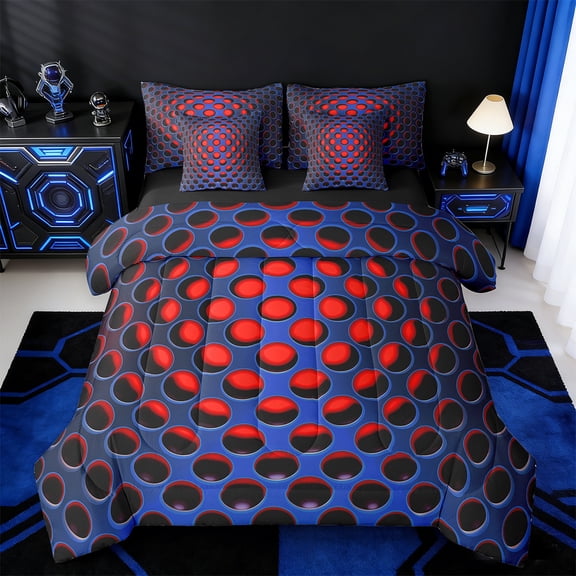 Manfei Neon Dense Holes Twin Bedding Sets 7pcs,Geometric Geometric Hexagon Bedding Comforter Set 7pcs,Red Blue Sheet Sets,Breathable Bedroom Decoration Reversible