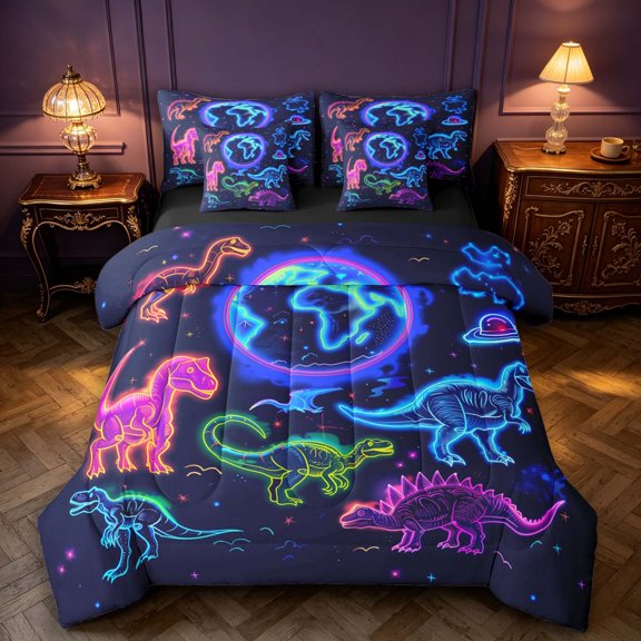 Manfei Neon Dinosaur Wildlife 7-Piece Twin Bedding,Gothic Cloud Stars Bedding Comforter Set,Blue Pink,Black Reversible