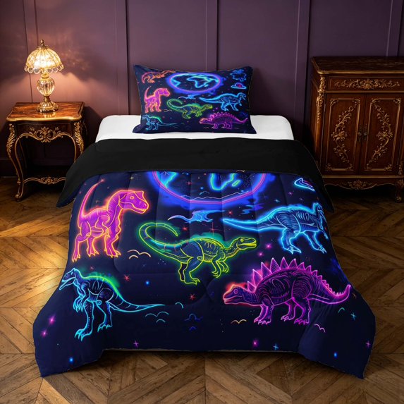 Manfei Neon Dinosaur Wildlife Twin Comforter Sets,Gothic Cloud Stars Bedding Set,Blue Pink,Black Reversible,2pcs,1 Comforter and 1 Pillowcase