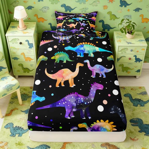 Manfei Neon Dinosaur Wildlife Twin Fitted Sheet,Gothic Starry Sky Bedding,Black Purple,2-Piece,1 Fitted Sheet and 1 Pillowcase