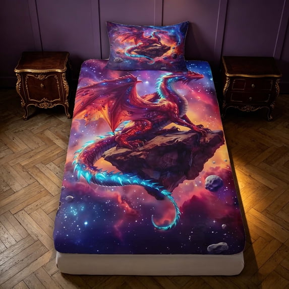 Manfei Neon Dragon Animals Fitted Sheet Queen,Gothic Cloud Stars Bedding,Purple,3 Pieces,1 Fitted Sheet and 2 Pillowcases