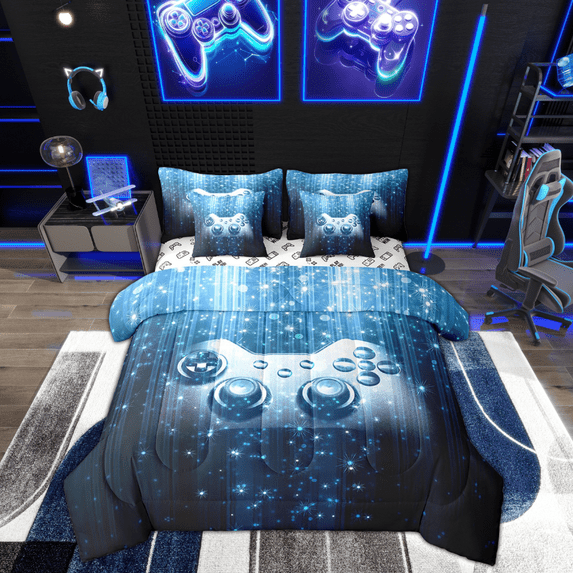 Manfei Neon Game Console Bed in a Bag Queen size, Futuristic Gamepad Bedding Sets Queen Size, Black Blue Reversible Bedding Queen Size, Microfiber Room Decoration, 7 Pieces