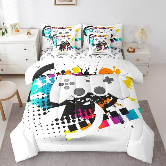 Manfei Neon Gamepad Bedding Comforter Set 7 Pieces,Colorful Splatter Ink Full Bedding Set,Geometric Geometric Plaid Fitted Sheet Flat Sheet For Boys Kids,Super Cozy Bedroom Decor,Reversible