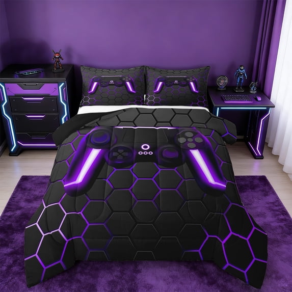 Manfei Neon Gamepad Bedding Comforter Set,Modern Geometric Honeycomb Twin Comforter Sets,Purple Black Bedding Set For Boys Kids,Super Cozy Bedroom Decor Reversible,2-Piece