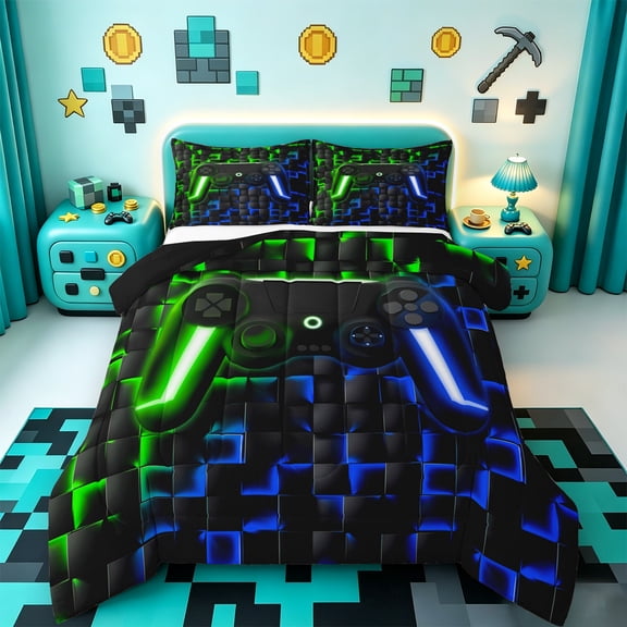 Manfei Neon Gamepad Bedding Comforter Set,Modern Geometric Plaid Twin Comforter Sets,Green Blue Ombre Bedding Set For Boys Kids,Super Cozy Bedroom Decor Reversible,2-Piece
