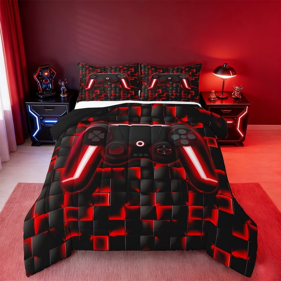 Manfei Neon Gamepad Bedding Comforter Set,Modern Geometric Plaid Twin Comforter Sets,Red Black Bedding Set For Boys Kids,Super Cozy Bedroom Decor Reversible,2 Pieces