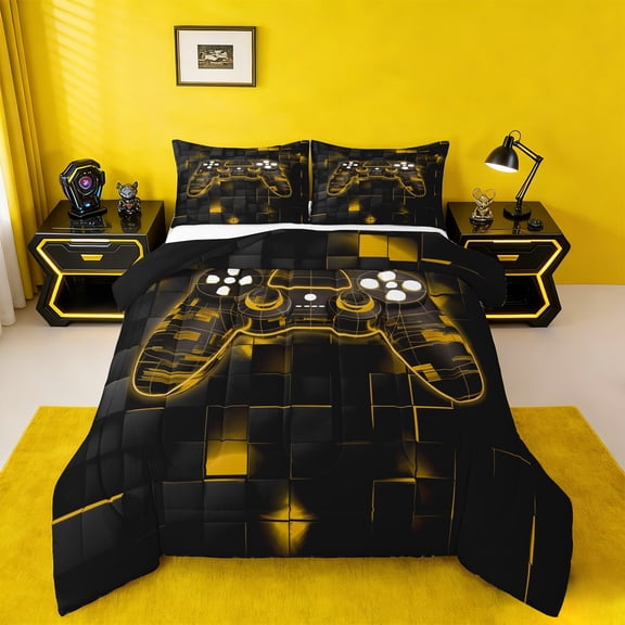 Manfei Neon Gamepad Bedding Comforter Set,Modern Geometric Plaid Twin Comforter Sets,Yellow Black Bedding Set For Boys Kids,Super Cozy Bedroom Decor Reversible,2pcs