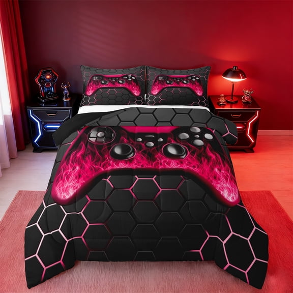 Manfei Neon Gamepad Bedding Sets Twin with Comforter,Modern Geometric Honeycomb Duvet Insert,Red Black Comforter Sets Twin Size For Boys Kids,Super Cozy Bedroom Decor Reversible,2pcs