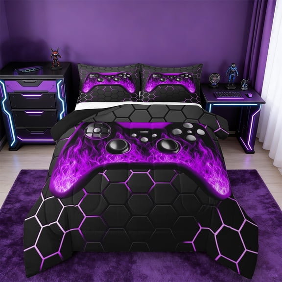 Manfei Neon Gamepad Bedding Twin Comforter Set,Modern Geometric Honeycomb Down Comforter,Pueple Black Bedding Sets Twin with Comforter For Boys Kids,Super Cozy Bedroom Decor Reversible,2 Pieces