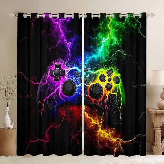 Manfei Neon Gamepad Black Out Curtains for Boy, Modern Gaming Lover Curtains Pack of 2 (42x63 Each), Futuristic Lightning Print Bedroom Curtains, Curtains and Drapes Bedroom Decor