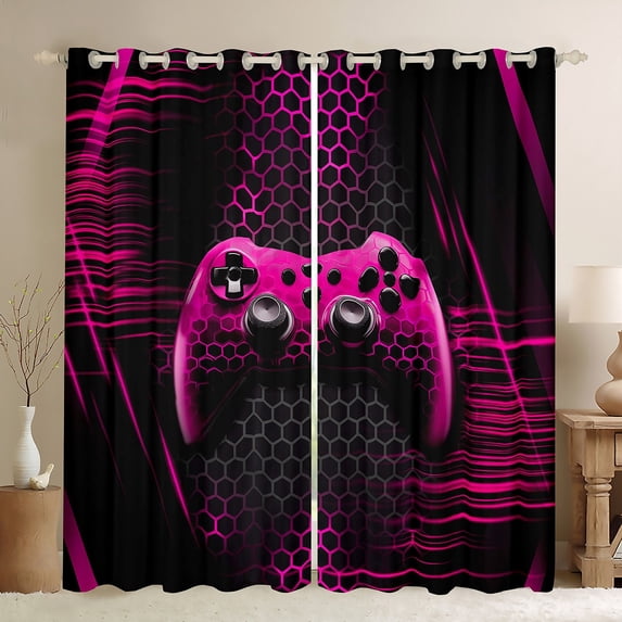 Manfei Neon Gamepad Black Out Curtains,Modern 3D Geometric Curtains Pack of 2 (42x63 Each),Pink Black Geometric Bedroom Curtains For Boys Kids,Super Cozy Bedroom Decor