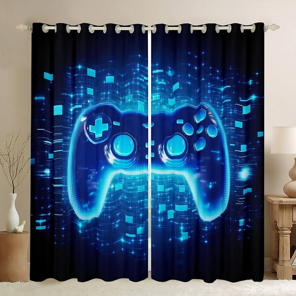 Manfei Neon Gamepad Blackout Curtains Set of 2 (52x84 Each) for Boys, Teens Gamer Window Curtains, Black Blue Stereoscopic Cubes Curtains and Drapes, Luxury Room Decor