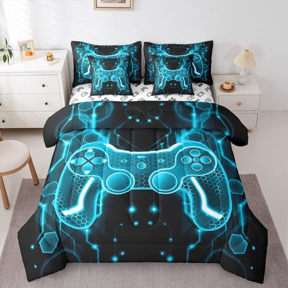 Manfei Neon Gamepad Boys Bedding Comforter Set 7-Piece, Cyan Honeycomb Geometric King Bedding Sets, Modern Video Game Lover Reversible Bed Sheets, Microfiber Bedroom Decor