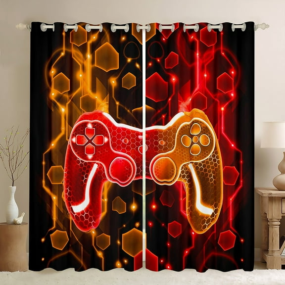 Manfei Neon Gamepad Boys Black Out Curtains, Orange Red Honeycomb Geometric Curtains Pack of 2 (42x63 Each), Modern Video Game Lover Bedroom Curtains, Window Curtains Bedroom Decor