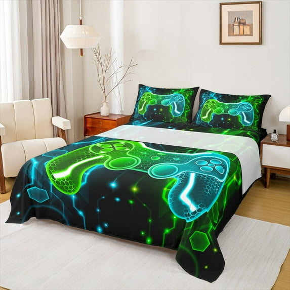 Manfei Neon Gamepad Boys Twin Sheet Sets, Green Cyan Honeycomb Geometric Twin Fitted Sheet, Modern Video Game Lover Flat Sheet, Luxury Bedroom Decor, 3 Pieces
