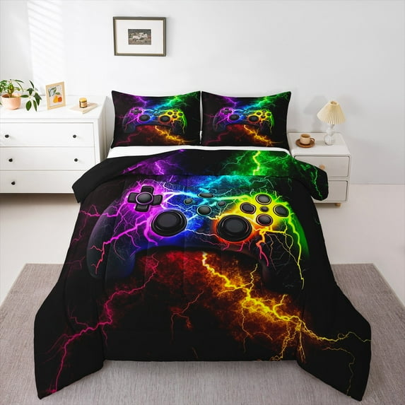 Manfei Neon Gamepad Full Size Comforter Sets for Boy, Modern Gaming Lover Bedding Comforter Set, Futuristic Lightning Print Reversible Bedding Sets, Microfiber Bedroom Decor, 3 Pieces