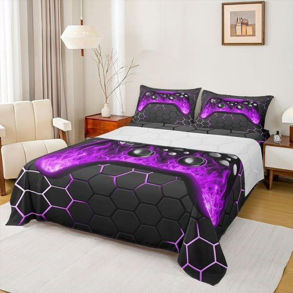 Manfei Neon Gamepad Sheet Set Queen,Modern Geometric Honeycomb Bedding Sets Queen Size,Pueple Black Queen Sheet Sets For Boys Kids,Super Cozy Bedroom Decor,4 Pieces