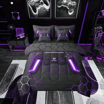 Manfei Neon Gamepad Twin Bedding Sets 7-Piece,Modern Geometric Honeycomb Bedding Comforter Set 7-Piece,Purple Black Sheet Sets For Boys Kids,Super Cozy Bedroom Decor Reversible