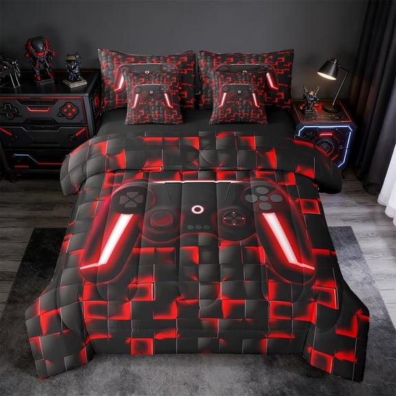 Manfei Neon Gamepad Twin Bedding Sets 7 Pieces,Modern Geometric Plaid Bedding Comforter Set 7 Pieces,Red Black Sheet Sets For Boys Kids,Super Cozy Bedroom Decor Reversible