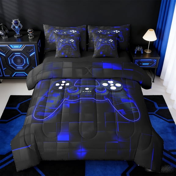 Manfei Neon Gamepad Twin Bedding Sets 7 Pieces,Modern Geometric Square Bedding Comforter Set 7 Pieces,Blue Black Sheet Sets For Boys Kids,Super Cozy Bedroom Decor Reversible