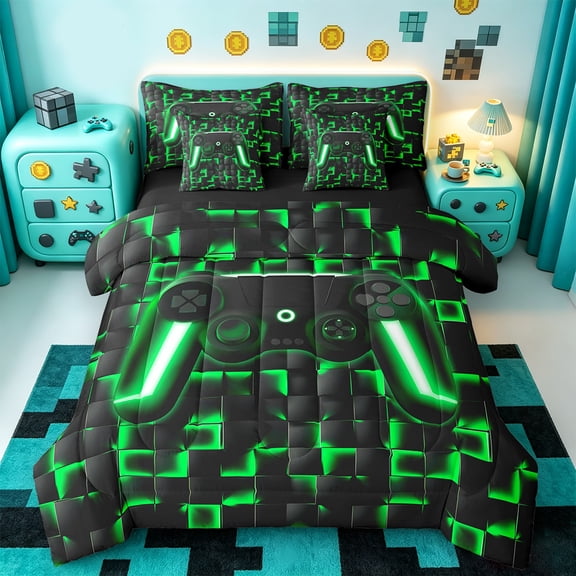 Manfei Neon Gamepad Twin Bedding Sets 7pcs,Modern Geometric Plaid Bedding Comforter Set 7pcs,Green Black Sheet Sets For Boys Kids,Super Cozy Bedroom Decor Reversible