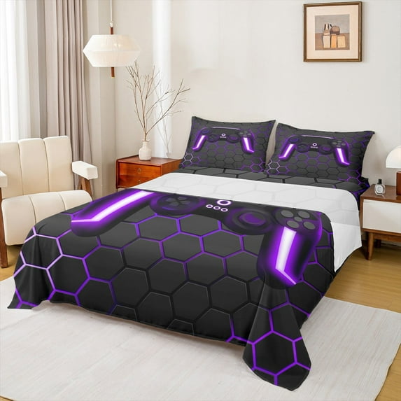Manfei Neon Gamepad Twin Sheet Sets,Modern Geometric Honeycomb Twin Fitted Sheet,Purple Black Flat Sheet For Boys Kids,Super Cozy Bedroom Decor,3-Piece