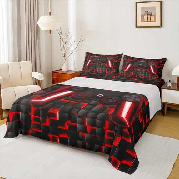 Manfei Neon Gamepad Twin Sheet Sets,Modern Geometric Plaid Twin Fitted Sheet,Red Black Flat Sheet For Boys Kids,Super Cozy Bedroom Decor,3 Pieces