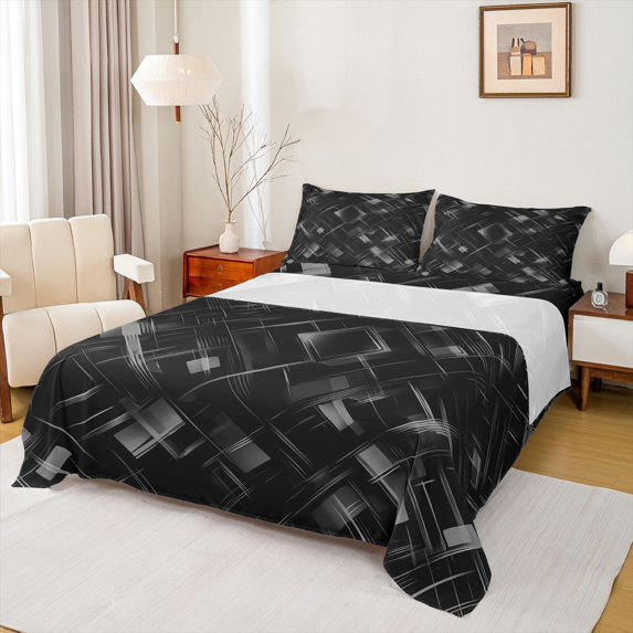 Manfei Neon Geometric Bed Sheets, Gradient Plaid Fuul Size Sheets, Gray and Black, Black Reversible 4pcs1 Flat Sheet + 1 Fitted Sheet + 2 Pillowcases