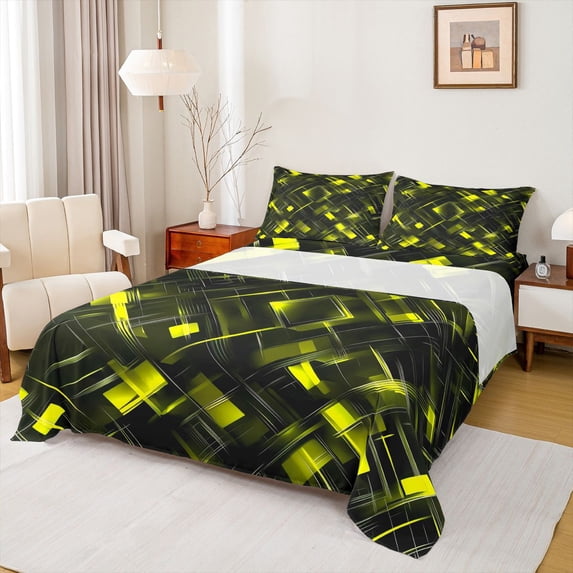 Manfei Neon Geometric Bed Sheets, Gradient Plaid Fuul Size Sheets, Yellow and Black, Black Reversible 4pcs1 Flat Sheet + 1 Fitted Sheet + 2 Pillowcases
