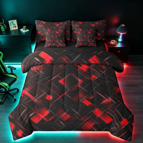 Manfei Neon Geometric King Bedding, Gradient Plaid King Bed in a Bag, Red and Black, Black Reversible 7pcs