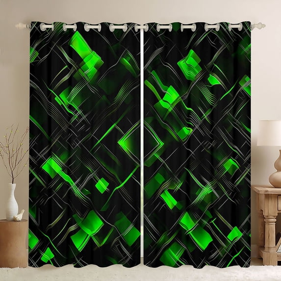 Manfei Neon Geometric Kitchen Curtains, Gradient Plaid Black Out Curtains Pack of 2 (42x63 Each), Green and Black