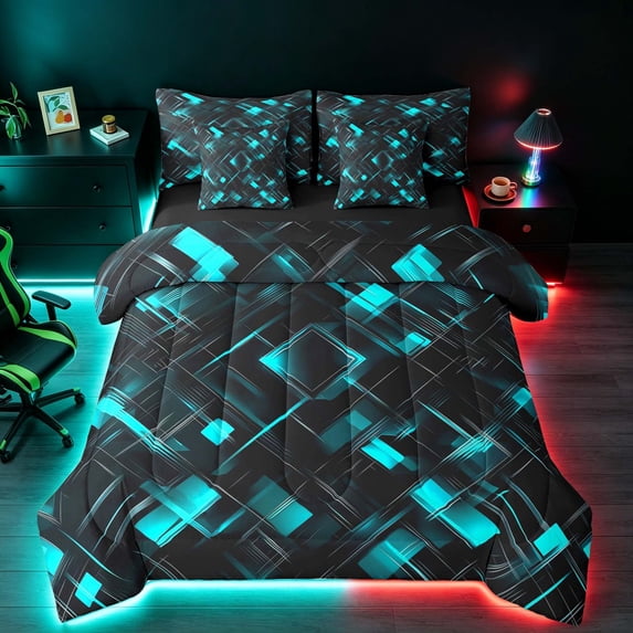 Manfei Neon Geometric Twin Bedding, Gradient Plaid Bedding Comforter Set, Teal and Black, Black Reversible 7-Piece