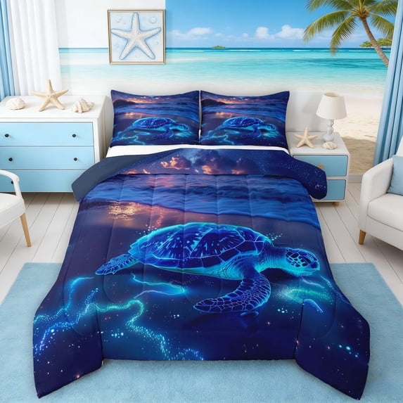 Manfei Neon Glow Sea Turtle Queen Comforter Set for Kids Boys and Girls, Coastal Animal Wildlife Bedding Comforter Set, Navy Reversible 3 Pieces, 1 Comforter and 2 Pillowcases