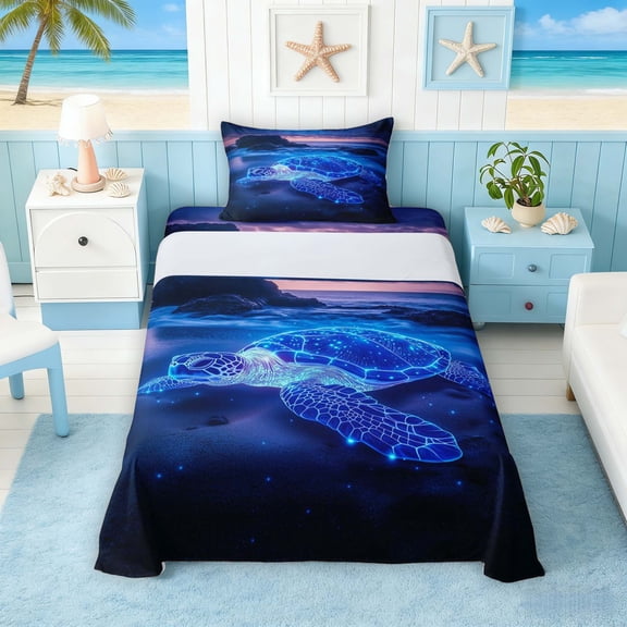Manfei Neon Glow Sea Turtle Twin Sheet Sets for Kids Boys and Girls, Ocean Animal Wildlife Bedding 3pcs, 1 Flat Sheet, 1 Fitted Sheet and 1 Pillowcase