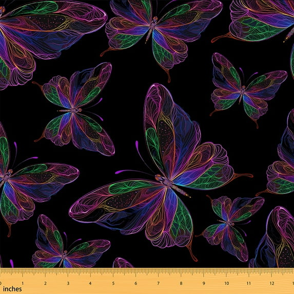 Manfei Neon Gradient Butterfly Sewing & Crafting Fabric (2 Yards), Chic Animal Home Decor Fabric by the Yard, Flying Wildlife DIY Fabric