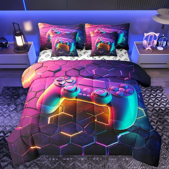 Manfei Neon Gradient Gamepad Twin Bedding Sets 7-Piece, Futuristic Honeycomb Bedding Comforter Set, Modern Video Game Lover Reversible Sheet Sets, Luxury Bedroom Decor
