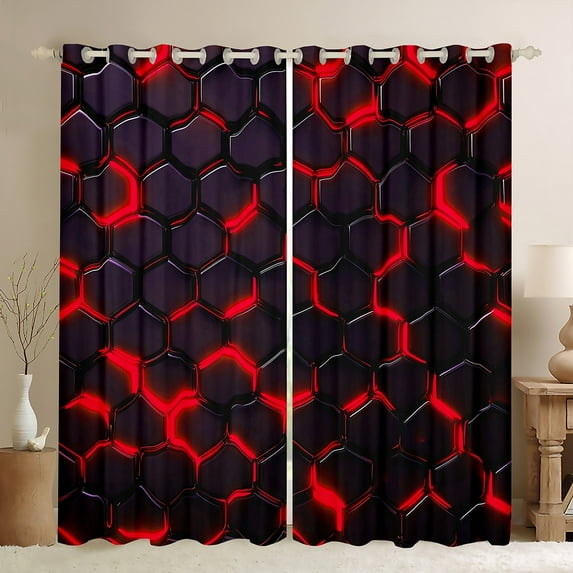 Manfei Neon Gradient Geometric Black Out Curtains for Boys, Modern Honeycomb Curtains Pack of 2 (42x63 Each), Chic Red Abstract Bedroom Curtains, Curtains and Drapes Room Decor