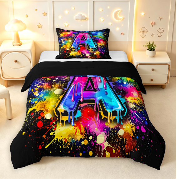 Manfei Neon Gradient Letter A Twin Comforter Sets,Paint Splatter Bedding Set,Black,Black Reversible,2-Piece,1 Comforter and 1 Pillowcase
