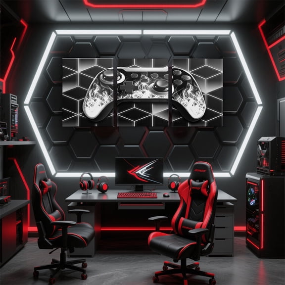 Manfei Neon Gray Gamepad Paintings Wall Decor Framed, Video Game Wall Hanging Decor Living Room, Geometry Plaid Wall Decorations for Bedroom, Luxury Bedroom Decorative