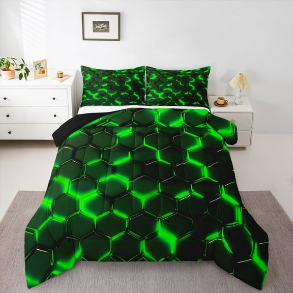 Manfei Neon Green Honeycomb Queen Comforter Set, Abstract Geometric Bedding Comforter Set, Teens Boys Girls Kids Reversible Bedding Set, Breathable Home Decor, 3pcs