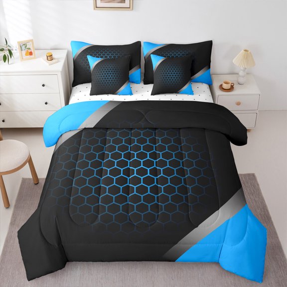 Manfei Neon Honeycomb Bedding Comforter Set 7-Piece for Teens, Blue Geometric Striped King Bedding Sets, Modern Abstract Reversible Bed Sheets, Luxury Bedroom Decor
