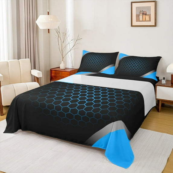 Manfei Neon Honeycomb Full Size Sheets for Teens, Blue Geometric Striped Bed Sheets, Modern Abstract Sheet Sets, Luxury Bedroom Decor, 4 Pieces