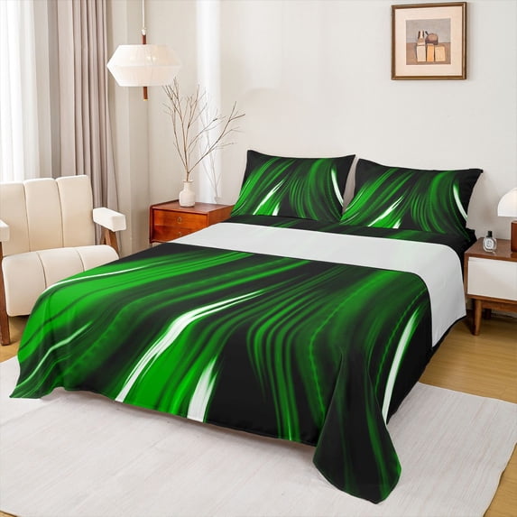 Manfei Neon Light Stripes Bed Sheets, Abstract Wavy Line Fuul Size Sheets, Green Black, Black Reversible 4pcs1 Flat Sheet + 1 Fitted Sheet + 2 Pillowcases