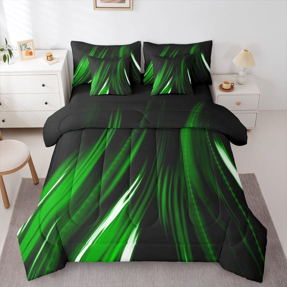 Manfei Neon Light Stripes Full Size Bedding Sets, Abstract Wavy Line Full Size Bed in a Bag, Green Black, Black Reversible 7 Pieces