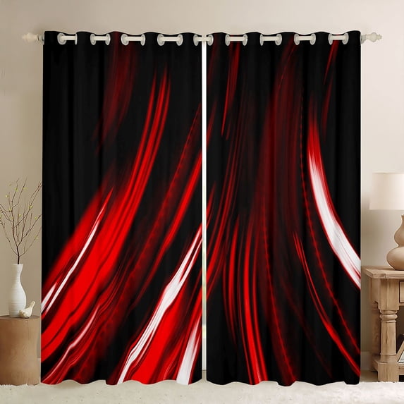 Manfei Neon Light Stripes Kitchen Curtains, Abstract Wavy Line Black Out Curtains Pack of 2 (42x63 Each), Red Black