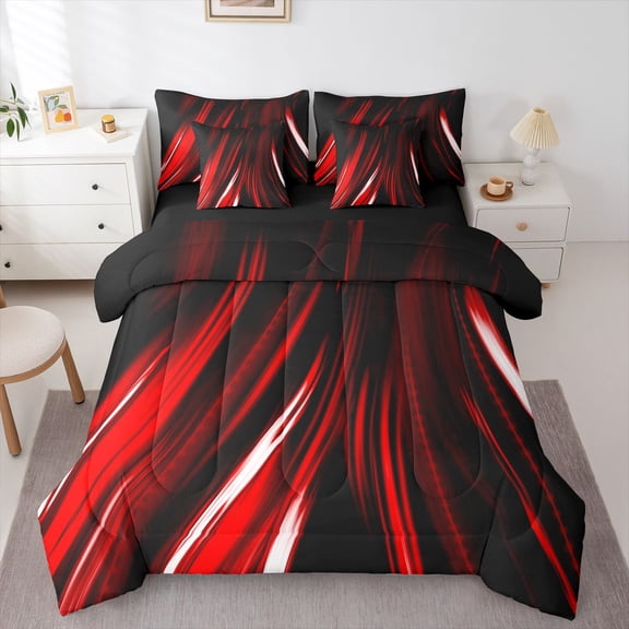Manfei Neon Light Stripes Queen Bedding, Abstract Wavy Line Bedding Comforter Set Queen, Red Black, Black Reversible 7pcs