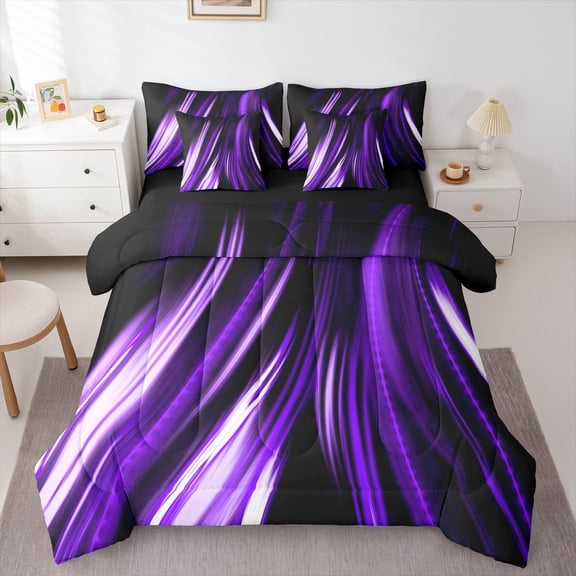 Manfei Neon Light Stripes Twin Bedding, Abstract Wavy Line Bedding Comforter Set, Purple Black, Black Reversible 7pcs